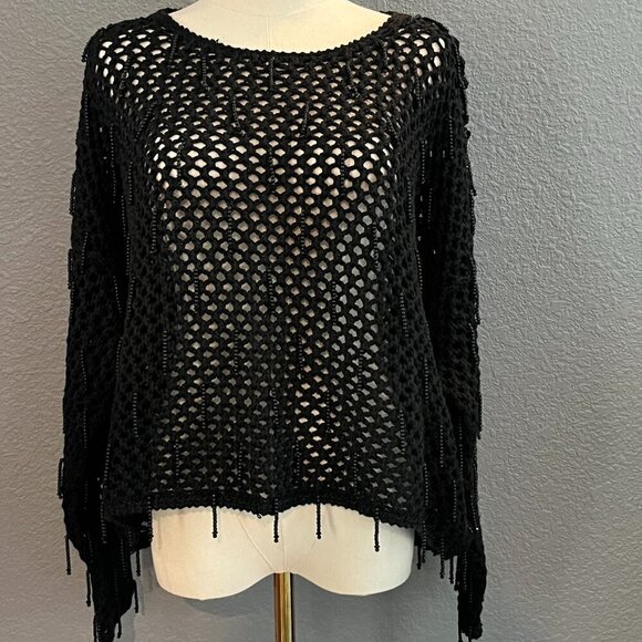 Vintage RAMPAGE PARIS Black Open Knit Boxy Cropped Fringe Beaded Sweater -EUC- L - Picture 1 of 12